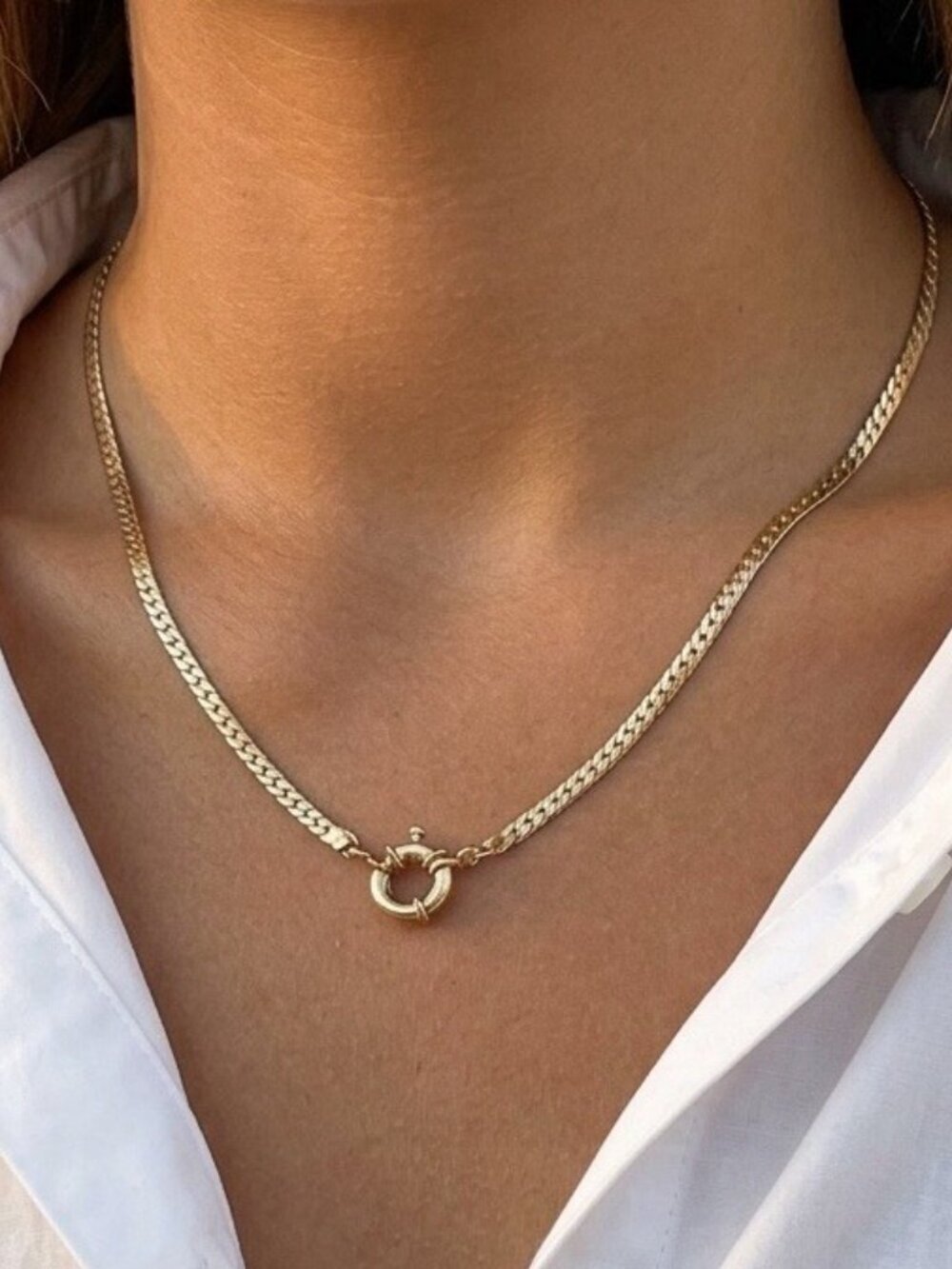 18K Gold Plate Herringbone Charm Holder Necklace Stainless Steel Women’s Jewelry